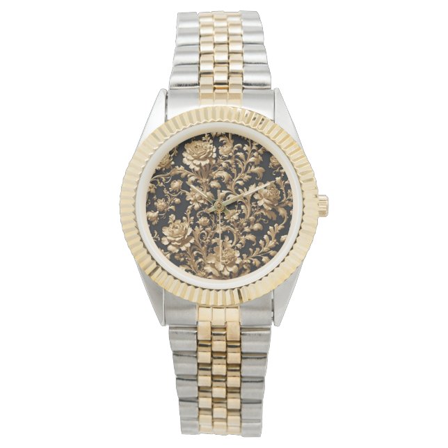Elegantie Betoverd: zwart en gouden bloemen Horloge (Voorkant)