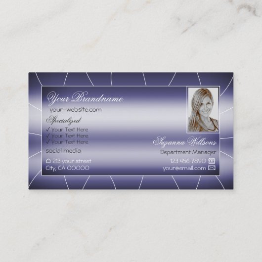 Elegantie Blauw Stijlvol met Faux Diamonds en Foto Visitekaartje (Achterkant)