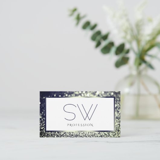 Elegantie Blauw Zilver Ombre Glitter Wit Monogram Visitekaartje (Staand voorkant)