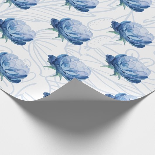 Elegantie Blauwe Pioen Botanische Wrapping Papier (Hoek)