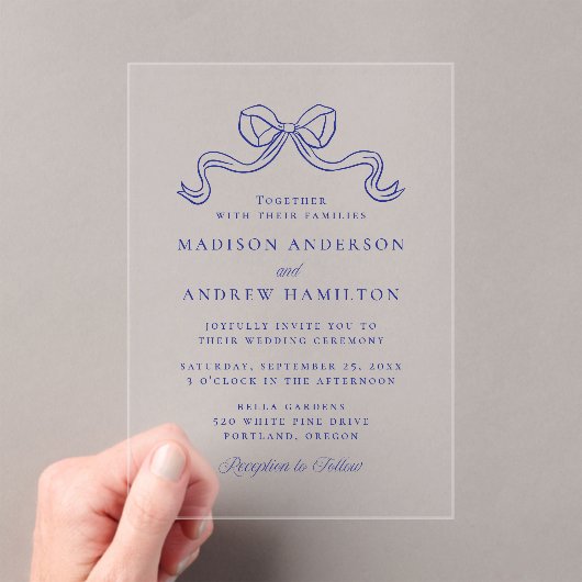  Elegantie Blue Bow Wedding Acryl Uitnodigingen (Insitu (Draagbaar))