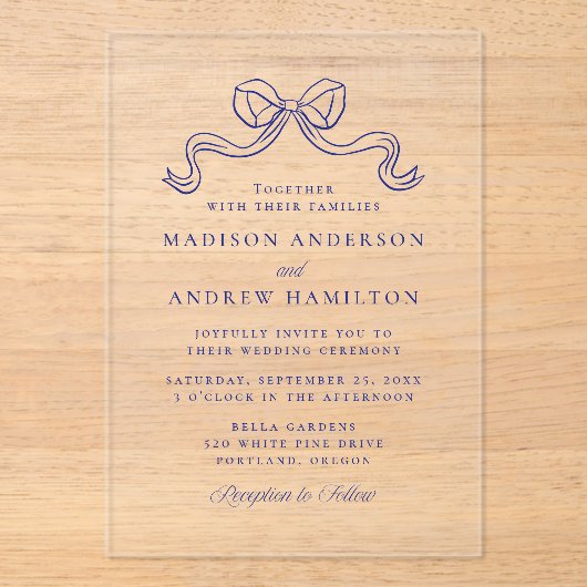  Elegantie Blue Bow Wedding Acryl Uitnodigingen (Voorkant)