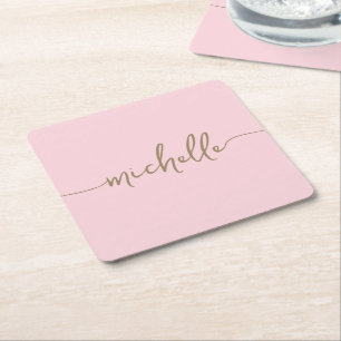 Elegantie Blush Roze Gouden Monogram Script Handte Kartonnen Onderzetters