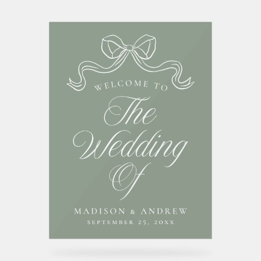  Elegantie Bow Sage Groene Bruiloft Welkom Acryl Bord (Voorkant)