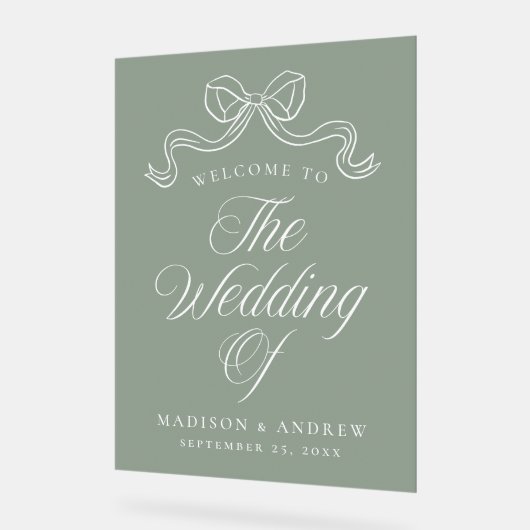  Elegantie Bow Sage Groene Bruiloft Welkom Acryl Bord (Hoek)