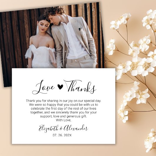 Elegantie Chic Hart Script Wedding Photo Dank u Notitiekaartje