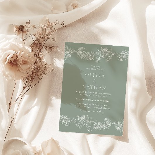  Elegantie Classic Floral Sage Green Wedding Kaart