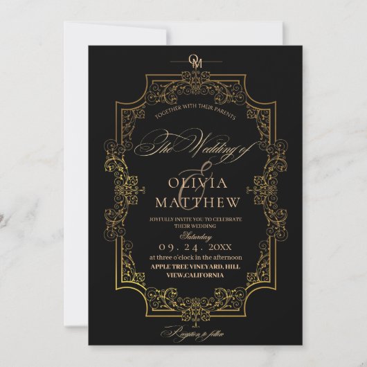Elegantie en Royal Black & Gold Photo Wedding Kaart (Voorkant)