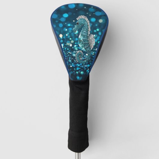 Elegantie in beweging: Aqua Seahorse op Aqua Bokeh Golfheadcover (Voorkant)