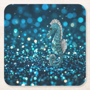 Elegantie in beweging: Aqua Seahorse op Aqua Bokeh Kartonnen Onderzetters