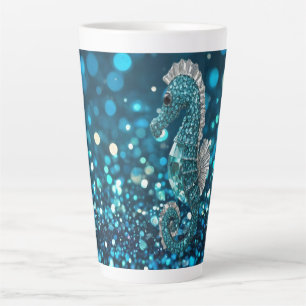 Elegantie in beweging: Aqua Seahorse op Aqua Bokeh Latte Mok