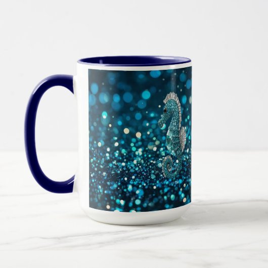 Elegantie in beweging: Aqua Seahorse op Aqua Bokeh Mok (Links)