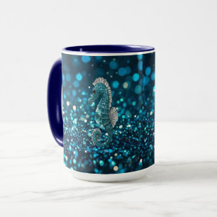 Elegantie in beweging: Aqua Seahorse op Aqua Bokeh Mok