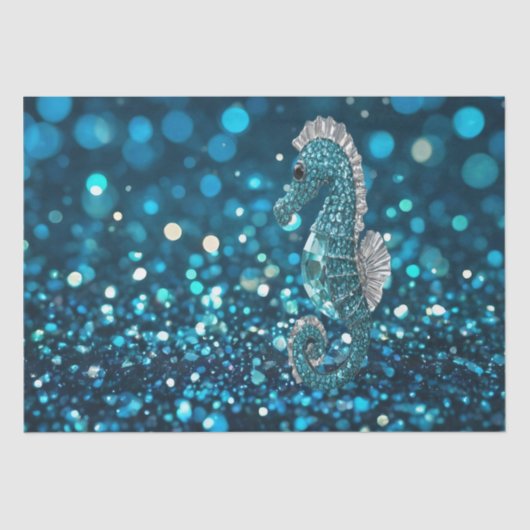 Elegantie in beweging: Aqua Seahorse op Aqua Bokeh Tissuepapier (Voorkant)