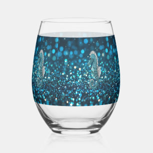 Elegantie in beweging: Aqua Seahorse op Aqua Bokeh Wijnglas Zonder Voet
