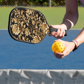 Elegantie in Beweging: Zwart en Gouden Bloemen Pickleball Paddle