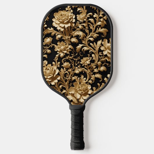 Elegantie in Beweging: Zwart en Gouden Bloemen Pickleball Paddle (Voorkant)