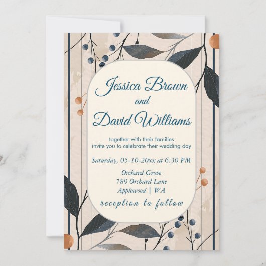 Elegantie in blauw en goud moderne bruiloft uitnod kaart (Voorkant)