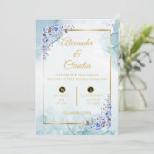 Elegantie in blauw: huwelijksuitnodiging met marme kaart (Staand voorkant)