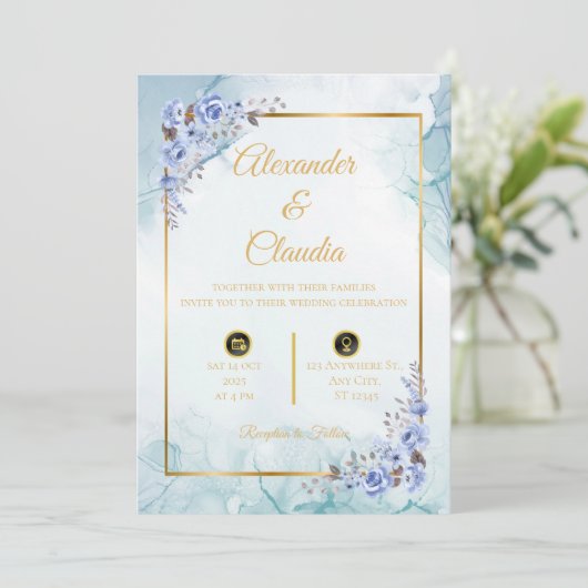 Elegantie in blauw: huwelijksuitnodiging met marme kaart (Staand voorkant)