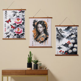 Elegantie in Bloei: Bloem- en Portret Harmonie Hangend Wandkleed