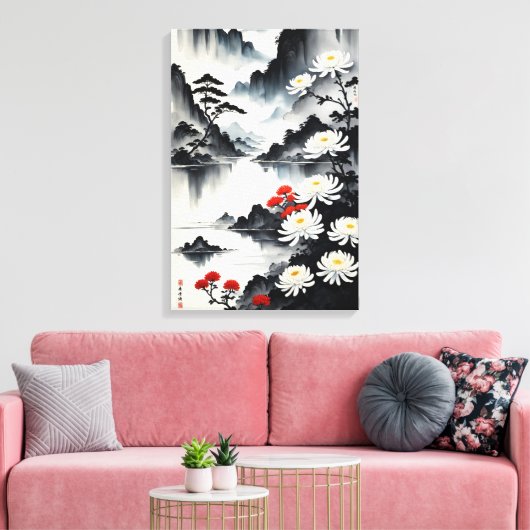 Elegantie in bloei: bloemen en landschap harmonie canvas afdruk (Insitu (Woonkamer))