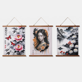 Elegantie in bloei: bloemen en portret harmonie hangend wandkleed