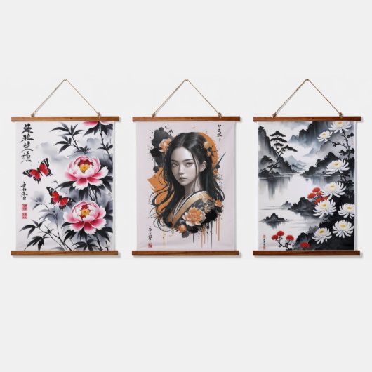 Elegantie in bloei: bloemen en portret harmonie hangend wandkleed (Driedubbel)