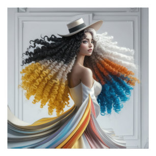 Elegantie in contrast Curly-Haired Woman Foto Afdruk