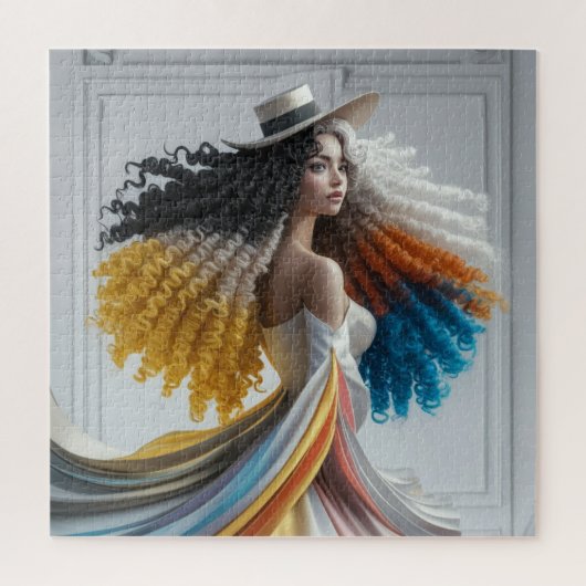 Elegantie in contrast Curly-Haired Woman Legpuzzel (Verticaal)
