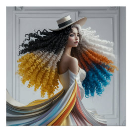 Elegantie in contrast Curly-Haired Woman Perfect Poster
