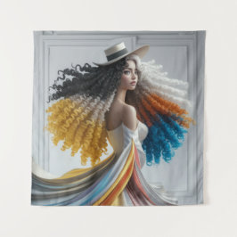 Elegantie in contrast Curly-Haired Woman Tapestry Wandkleed