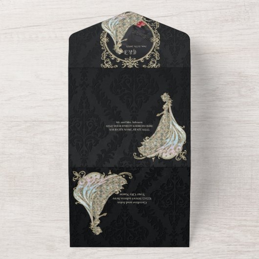 Elegantie in goud en zwart. all in one uitnodiging (Buitenkant)