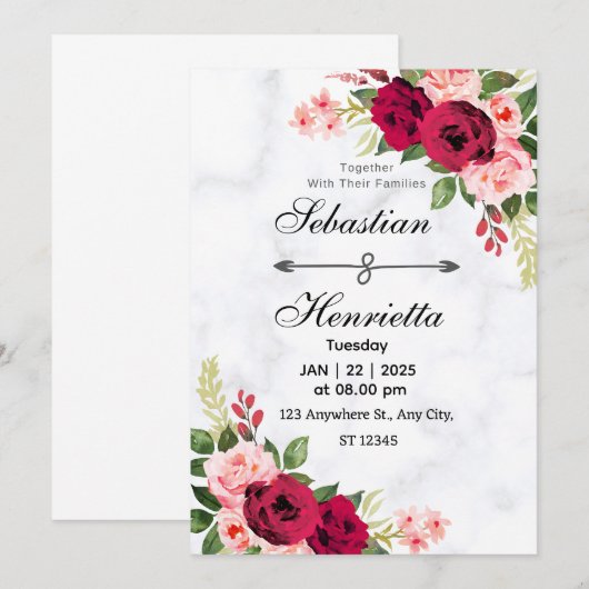 Elegantie in het rood: Floral bruiloft uitnodiging (Voorkant / Achterkant)