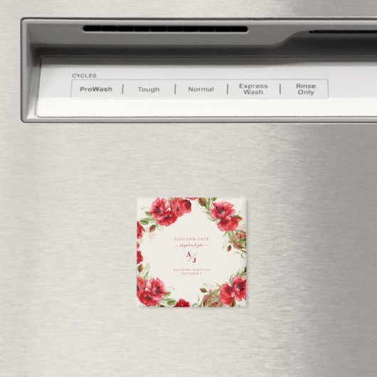 Elegantie in Red Cream Bruiloft Bewaar onze Datum Magneet (Insitu (Vaatwasser))