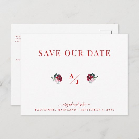 Elegantie in Rode Bruiloft Bewaar onze Datum II Briefkaart (Voorkant / Achterkant)