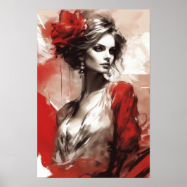 Elegantie in rood: Mode Vrouwenportret Moderne Kun Poster