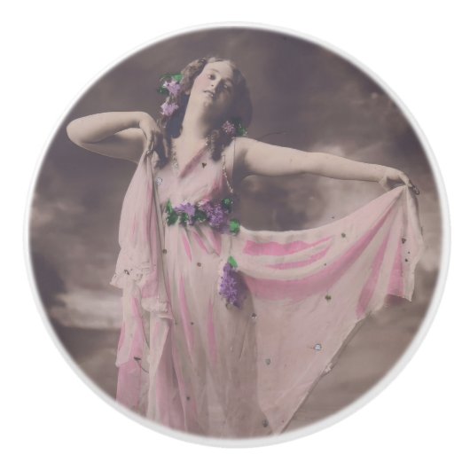  elegantie in roze bloemenjurk keramische knop (Voorkant)