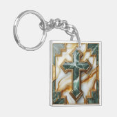 Elegantie in steen Gouden ingelijst Marmeren Kruis Sleutelhanger (Voorkant Links)