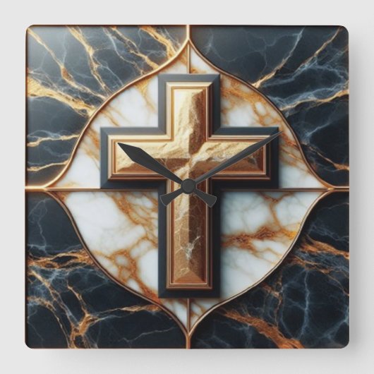Elegantie in stijlvolle Cross op zwart en goud mar Vierkante Klok (Voorkant)