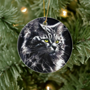 Elegantie in Whiskers: Zilver & Zwart Abstract Kat Keramisch Ornament