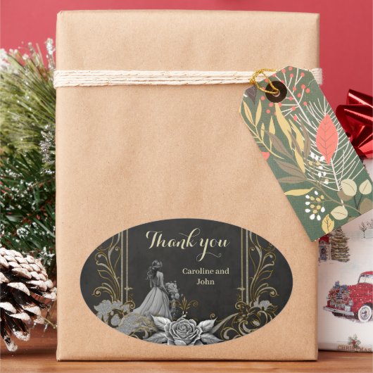 Elegantie in zilver en zwart. ovale sticker (Feestdagen)