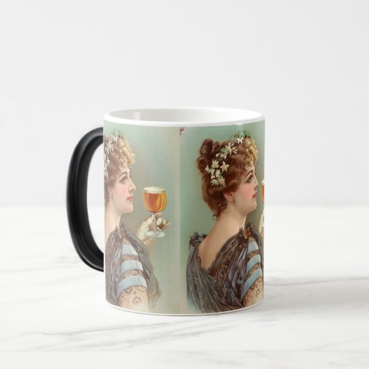 elegantie: Jonge dame met een Drink Magische Mok (Voorkant links)