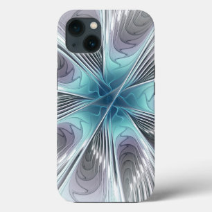 Elegantie Modern Blauw Grijs Witte Fractale Kunst iPhone 13 Hoesje
