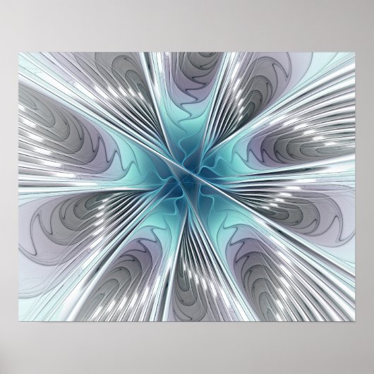 Elegantie Modern Blauw Grijs Witte Fractale Kunst Poster (Voorkant)