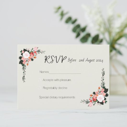 Elegantie, mooie roze en witte blos bruiloft RSVP kaartje (Staand voorkant)