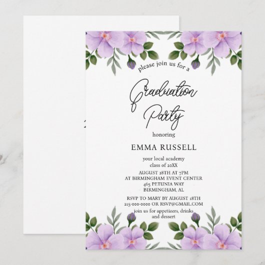 Elegantie Paarse Bloemige Afstudeerfeest Uitnodigi Kaart (Voorkant / Achterkant)