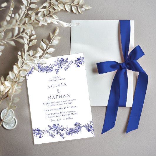 Elegantie: Royal Navy Blue Floral Wedding Kaart