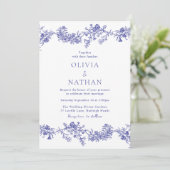 Elegantie: Royal Navy Blue Floral Wedding Kaart (Staand voorkant)