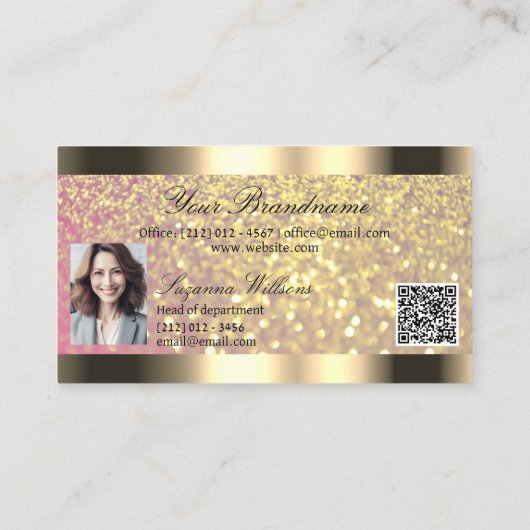 Elegantie Roze Glitter Gouden Rand Foto QR Code Visitekaartje (Achterkant)